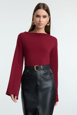 Koyu Visne Relaxed/Rahat Kal?p Ispanyol Kol Esnek Orme Bluz TWOAW25BZ00203