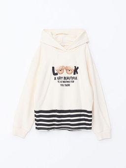 Kap??onlu Bask?l? Uzun Kollu K?z ?ocuk Crop Sweatshirt