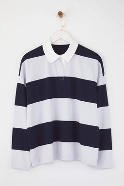 Lacivert Cizgili Polo Yaka Oversize/Genis Kal?p Orme Sweatshirt TWOAW26SW00051