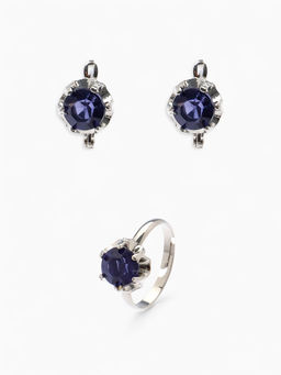 Гарнитур 3 предмета: серьги, кулон, кольцо безразмерное Эдель цветы, цвет синий в серебре, 50 см
