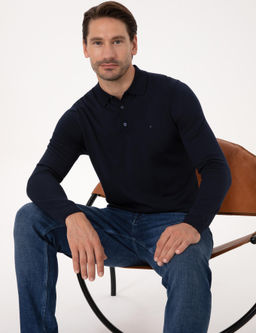 Lacivert Regular Fit Y_n Kar___ml_ Polo Yaka Basic Triko Kazak