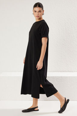 TRENDYOLMILLA Koyu Kahverengi %100 Pamuklu Bisiklet Yaka K?sa Kol Midi Orme T-shirt Elbise TWOSS25EL00465  фото 2