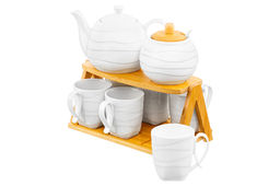 Набор - чайник + сахарница + 6 кружек Айсберг волны на бамбуковой подставке