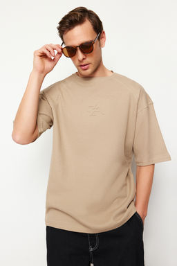Vizon Oversize/Genis Kesim Dokulu Waffle Kabar?k Yaz? Bask?l? T-Shirt TMNSS24TS00164