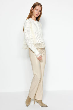 Ekru Crop Dantel Garnili Ajurlu/Delikli Triko H?rka TWOAW24KZ01059