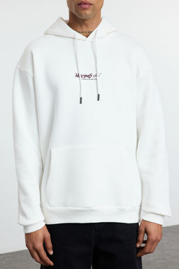 Ekru Oversize/Genis Kesim Kapusonlu S?rt Bask?l? Ici Polar/S?cak Tutan Sweatshirt TMNAW25SW00077 - Trendyolmilla фото 3