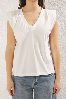 TRENDYOLMILLA Siyah %100 Pamuk Regular/Normal Kal?p V yaka Orme T-Shirt TWOSS25TS00018 фото 3