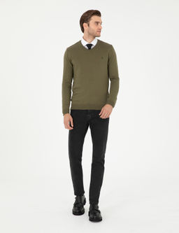 Koyu Haki Slim Fit V Yaka Basic Triko Kazak - Pierre cardin фото 4