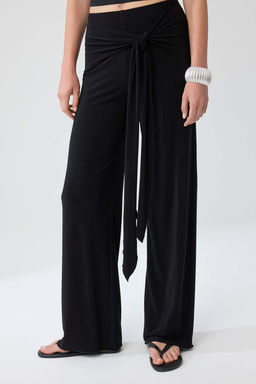 Siyah D_z Wide Leg Y_ksek Bel Uzun Ba_lama Detayl_ Esnek _rme Pantolon TWOSS26PL00244 - Trendyolmilla фото 3