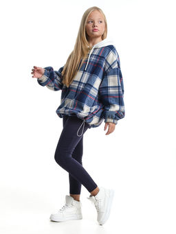 Худи оверсайз в клетку подростковое с капюшоном на меху 22-8046 синяя клетка - Mini maxi фото 12