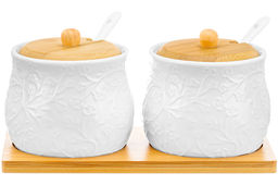 Набор 2 банок д/хранения 320 мл 19,5*10*9,5 см Веточки-цветочки + 2 ложки + дер.крышк.на дер.подст