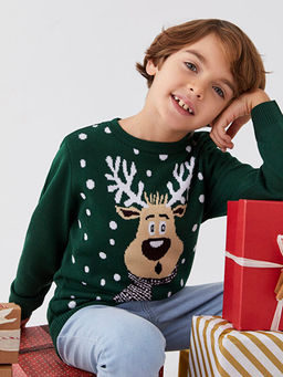 Bisiklet Yaka Y?lba?? Temal? Uzun Kollu Erkek ?ocuk Triko Kazak