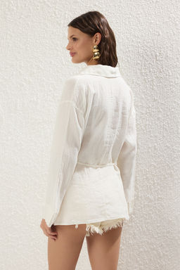 TRENDYOLMILLA Mercan Dokuma %100 Keten Baglamal? Plaj Gomlek TBESS25GO00015  фото 25