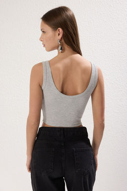 Gri Melanj Fitilli V Yaka Super Crop Esnek Orme Atlet TWOSS24AL00029