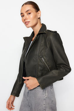 Trendyolmilla Antrasit Eskitme Detayl? Suni Deri Biker Ceket Mont TWOAW24MO00277  фото 7