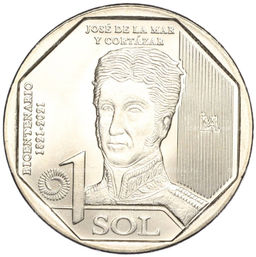 Монета 1 соль 2023 года Перу 200 лет независимости Хосе де ла Мар и Кортасар