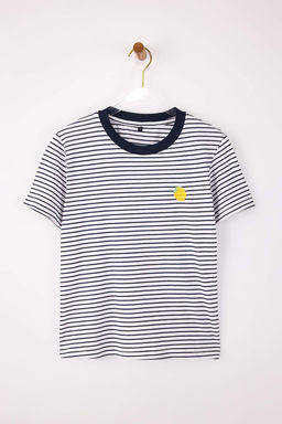 Lacivert Cizgili Regular/Normal Kal?p Nak?sl? Tok %100 Pamuk Orme T-Shirt TWOSS26TS00017