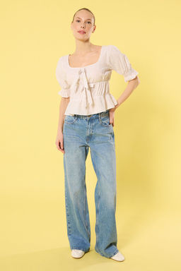 Bej K?sa Balon Kollu Cizgili Fiyonk Detayl? Dokuma Bluz TWOSS25BZ00260 - Trendyolmilla фото 2