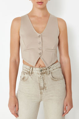 Vizon Dugme Detayl? V Yaka Crop Regular/Normal Kesim Esnek Orme Yelek TWOSS23YE00037