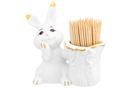 Вазочка п/зубочистки 8*4*8,5 см "Кролик с капустой" белая с золотом