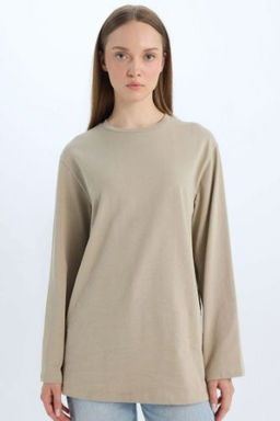 Regular Fit Bisiklet Yaka Basic Duz Uzun Kollu Tisort Tunik