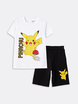 Bisiklet Yaka Pikachu Bask?l? K?sa Kollu Erkek ?ocuk ?ortlu Pijama Tak?m?