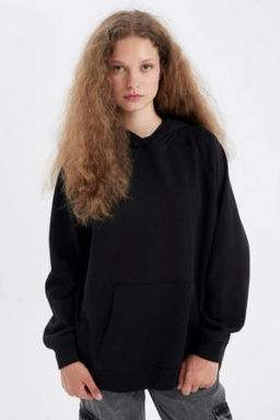 Oversize Genis Kal?p Kapusonlu Kanguru Cepli Kal?n Basic Duz Sweatshirt