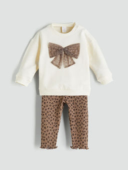 Bisiklet Yaka Kurdele Detayl? K?z Bebek Sweatshirt ve Tayt 2li