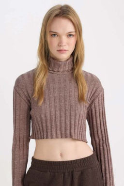 Coool Bal?kc? Yaka Crop Top Basic Duz Fitilli Kaskorse Uzun Kollu Tisort