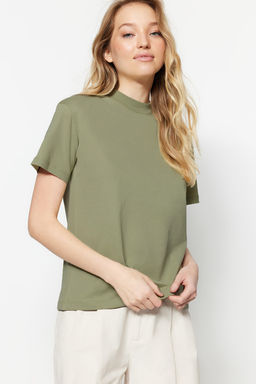 Yag Yesili-Gri 2li Paket %100 Pamuk Basic Dik Yaka Orme T-Shirt TWOSS20TS1500