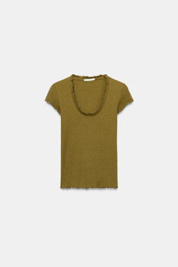 CAMISETA MANGA CORTA CON LINO / Oliva - Zara фото 4