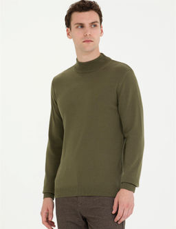 Koyu Haki Slim Fit Yar_m Bal_k__ Yaka Basic Triko Kazak - Pierre cardin фото 3