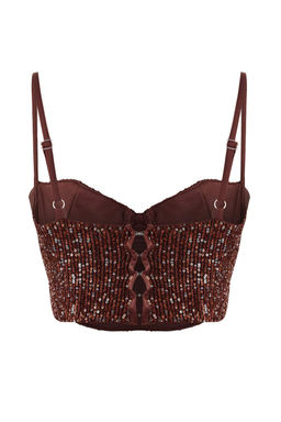 Kahverengi Payet Vucudu Saran Crop Party Bluz TPRSS26BZ00014