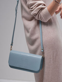 Сумка кожаная багет Deboro 30138 голубая вода