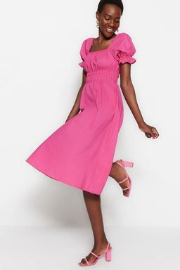 TRENDYOLMILLA K?rm?z? Belden Ac?lan Balon Kollu Midi Dokuma Elbise TWOSS22EL1768  фото 3