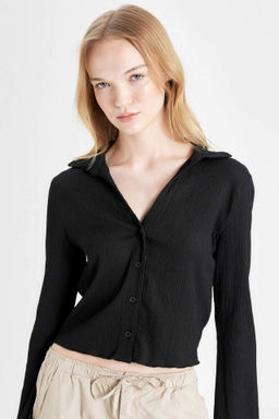 Coool Fitted Basic Duz Dugmeli Uzun Kollu Crop Gomlek - Defacto фото 2