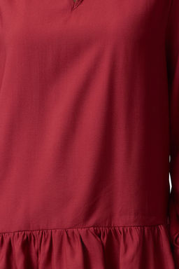 Bordo Shift/Duz Kesim V Yaka Etegi Volanl? Belmando Mini Dokuma Elbise TWOAW25EL00235