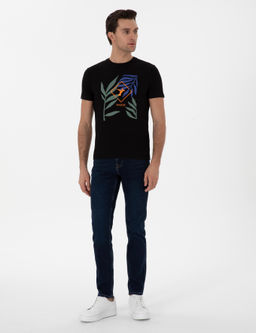 Siyah Slim Fit Bisiklet Yaka Desenli T-shirt