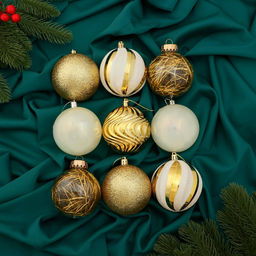 Ёлочные игрушки Мелодия, шары новогодние, d=8 см, набор 9 шт., полосы, бело-золотой - Зимнее волшебство фото 3