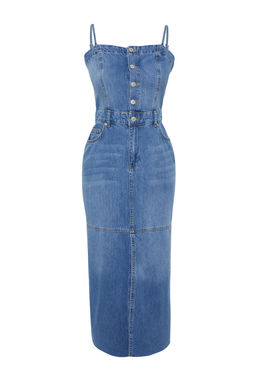 TRENDYOLMILLA Mavi Y?rtmacl? Dikis Detayl? Ask?l? Maxi Denim Elbise TWOSS24EL00544  фото 7