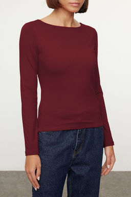 Bordo Pamuklu Kay?k Yaka Fitted/Vucuda Oturan Esnek Bluz TWOAW24BZ00166