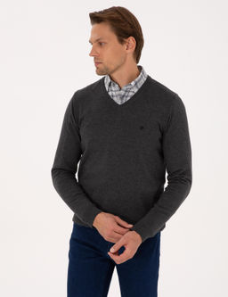 Antrasit Melanj Slim Fit V Yaka Basic Triko Kazak - Pierre cardin фото 3