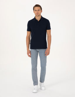 Lacivert Slim Fit %100 Pamuk K_vr_lmaz Polo Yaka Basic Ti__rt