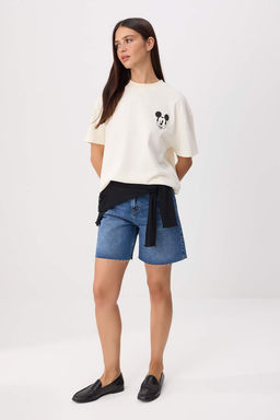 Ekru Mickey Mouse Lisansl? Bask?l? Oversize/Genis Kal?p Tok %100 Pamuk Orme T-Shirt TWOSS26TS00141