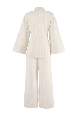 Ekru Cizgili Dokuma Muslin 100% Pamuk Plaj Kimono Pantolon Tak?m TBESS26AU00023 - Trendyolmilla фото 2