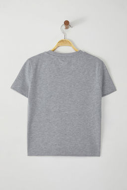 Gri Melanj Fitted/Vucuda Oturan Fiyonk Bask?l? Orme T-Shirt TWOSS25TS00082