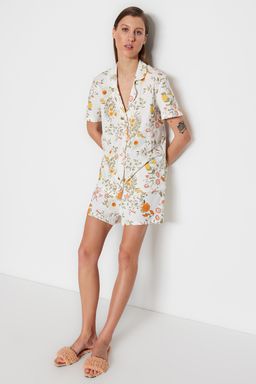 Cok Renkli %100 Pamuklu Cicek Desenli Sortlu Orme Pijama Tak?m? THMSS23PT00020