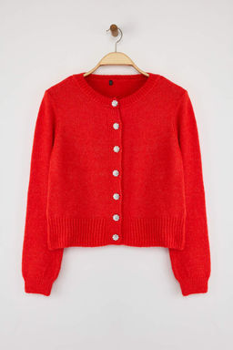 Nar Cicegi Yumusak Dokulu Mucevher Dugmeli Ceket Gorunumlu Triko H?rka TWOAW21HI0034