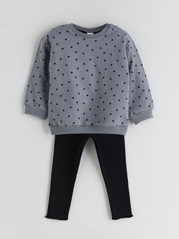 Bisiklet Yaka Bask?l? K?z Bebek Sweatshirt ve Tayt 2li