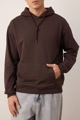 Koyu Kahverengi Oversize/Genis Kesim Kapusonlu Ici Polar/S?cak Tutan Sweatshirt TMNAW23SW00195